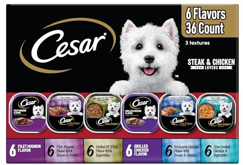 Cesar Wet Dog Food Steak and Chicken Lovers Variety Pack with Real Beef or Real Chicken, 3.5 oz. Easy Peel Trays, 36 Count (Pack of 1)