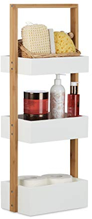 Relaxdays Badregal Bambus, Badezimmerregal mit 3 Körben, Korbregal fürs Bad, MDF, HxBxT: 76 x 30 x 18,5 cm, weiß/natur