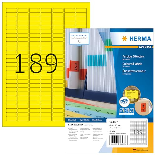 HERMA 4237 Farbige Etiketten gelb, 100 Blatt, 25,4 x 10 mm, 189 pro A4 Bogen, 18900 Stück, selbstklebend, bedruckbar, matt, blanko Papier Farbetiketten Aufkleber