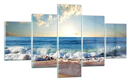Mehrteilige Bilder auf Glas Meer Ufer Wasser Glasbild 125x70cm Wandbilder Dekoration Wohnzimmer Schlafzimmer Küche Set 5 teilige Klein Wanddeko Bild im Glas Wand Kunstdruck Art Modern GEA125x70-3551