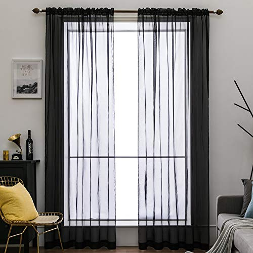 MIULEE Vorhänge Gardinen, Stangendurchzug Schwarz, 2er Set 145x140cm | Transparente Gardine aus Voile, Luftig Leicht, Einfarbig Dekoschal für Wohnzimmer & Schlafzimmer