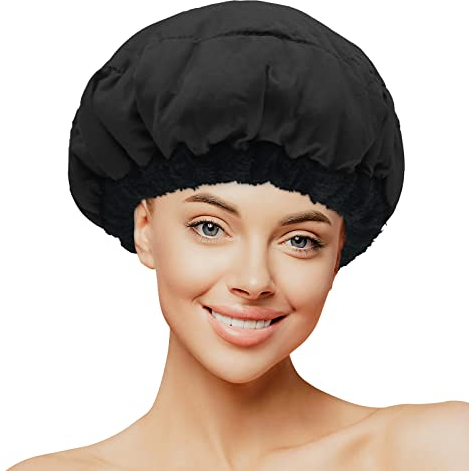 MQUPIN - Cuffia termica per il condizionamento profondo, per microonde, 100% semi di lino naturale, per acconciature a vapore e vapore, per la cura dei capelli, con 10 cuffie usa e getta (nero)