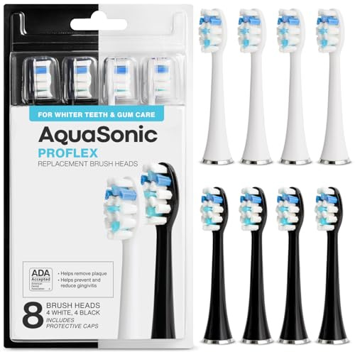 AquaSonic Genuine Proflex Replacement Brush Heads | ADA Accepted | for Whiter Teeth & Gum Care | Compatible with Duo Series PRO and Others (8 Pack Black & White)