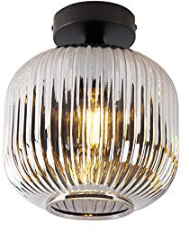 Qazqa Art Deco Deckenleuchte, Deckenlampe - Karel - Schwarz mit Rauchglas, Rund, 20cm, Ideal als Flur, Schlafzimmerlampe und Wohnzimmerlampe