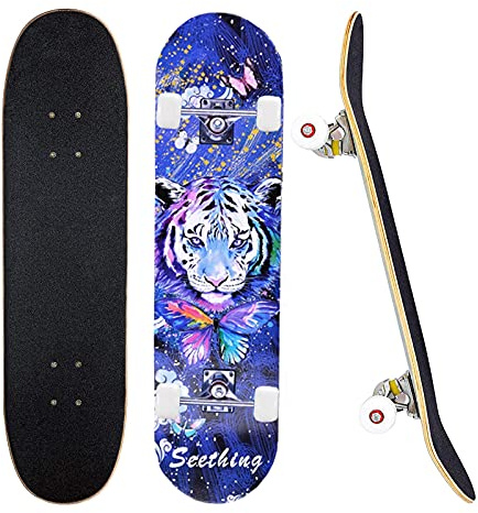 Skateboard completo con 7 strati di acero, tavola standard per ragazzi, ragazze, adolescenti, adulti e principianti, 78,7 cm x 20,3 cm, Blu