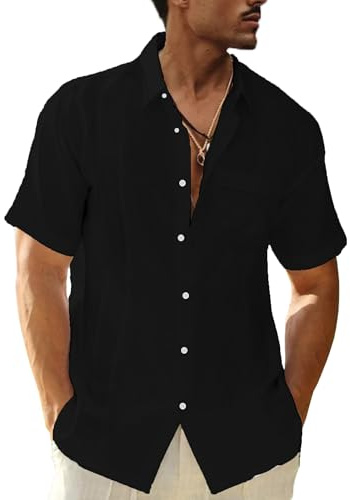 LVCBL Men's Casual Shirt with Lapel Normal Cut Stand-up Collar Shirt Black L