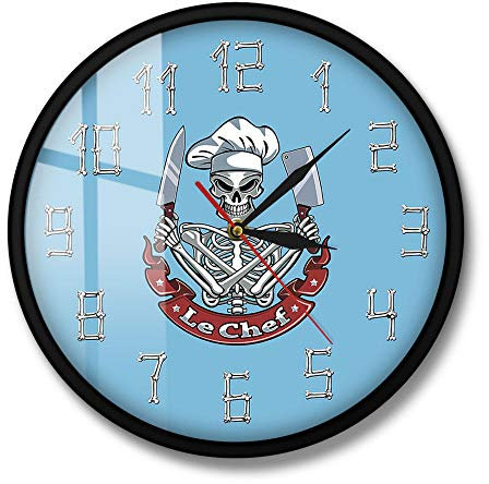 tingnn Le Chef Skull Cook Modern Wall Clock Watch Skeleton with Chef Hat Knife Cleaver French Restaurant Kitchen Decor Funny Chef Gift-Metal_Frame_with_acrylic_glass