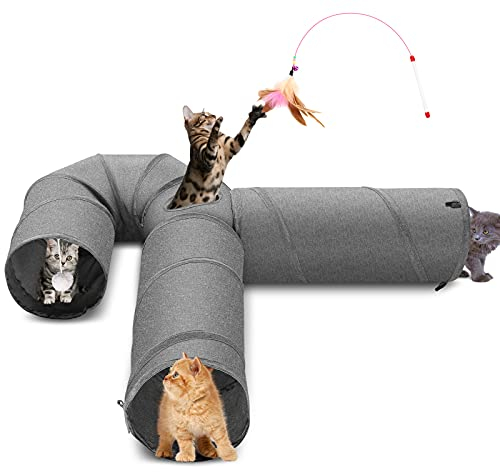 Ownpets Katzentunnel, 3 Wege Katze Tunnel, Katzentunnel Stoff mit Ball und Cat Teaser, Erweiterbar und faltbar, Spieltunnel für Katze, Welpen, Kaninchen, Grau