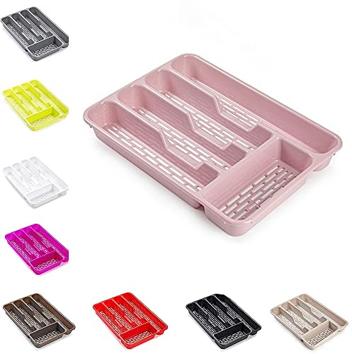 plastific Cutlery Tray Organizer, Plastic Cutlery Holder for Kitchen Drawer, Utensil Storage Tray for Forks, Spoons & Knives, (Pink, 33 x 24 x 4.3 cm)