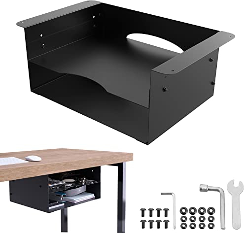 GOME Regal unter dem Schreibtisch, Metallregal, doppellagiges Design mit verstellbarem Tablett, Organizer, Schublade mit großem Loch auf der Rückseite, für Stehtische, Büroschreibtische,