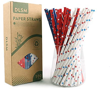 DLSM 200/100/400-Pack Extra Durable Biodegradable Paper Straws Premium Eco-Friendly with American Flag for Smoothies, Restaurants and Party Decorations, 7.75