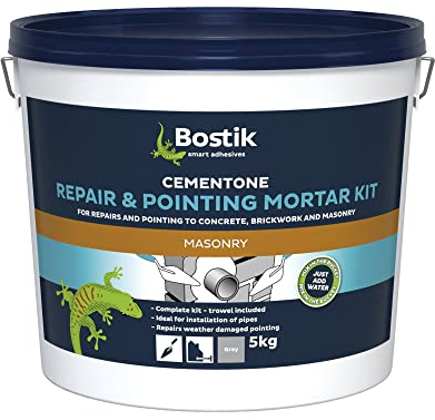 Bostik Repair & Pointing Mortar Kit, Pre-Blended, Fibre-Reinforced, Low Shrinkage Cement-Based Mortar for Interior and Exterior Use, Colour: Grey 5KG