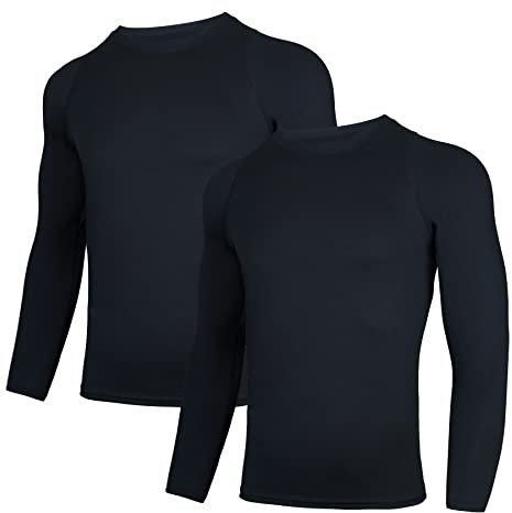 AMZSPORT Herren 2er Pack Kompressionsshirt Langarm Funktionsshirt Schnelltrocknendes Laufshirt Atmungsaktiv Sportshirt für Männer, SchwarzSchwarz，L