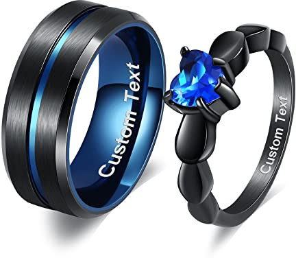Wycian Eheringe Schwarz Paarpreis, Ringe Damen mit Gravur 2 Stück Edelstahl Blau Verlobungsring Schwarz Herz Zirkon Saphir Titan Damen 62 6mm Herren 67 8Mm