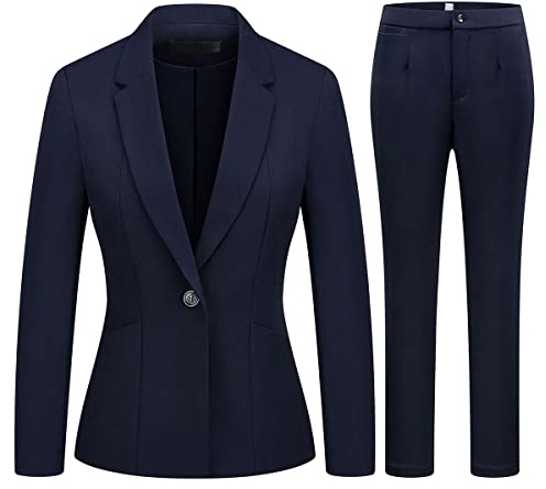 MODFUL Damen 2-teiliges Business-Anzug-Hosen-Set, schmale Passform, Ein-Knopf-Blazer-Jacke, Damen-Arbeitsanzug für Büro, Blau, Mittel