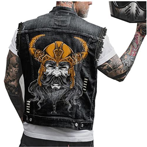 Gilets en Denim pour Hommes Veste en Denim déchirée Gilet sans Manches Vintage Biker Racing Gilet de Cow-Boy décontracté imprimé Viking Warrior