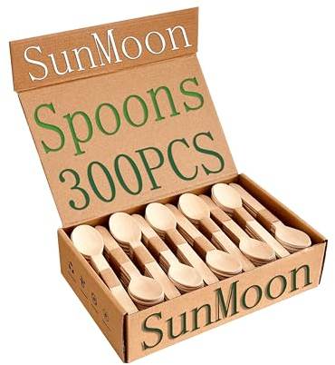SunMoon Eco Friendly 300 Pack Wooden Spoons Disposable, 16cm Long, Plastic Free Packaging，Substitute for Plastic and Bamboo, Disposable for Parties, Camping, Weddings, Garden
