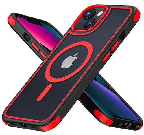 MobNano Hybrid Magnetisch Durchsichtig Hülle für iPhone 13 Hülle, iPhone 14 Hülle [Kompatibel mit MagSafe] Stoßfest Bumper Transparent Starke Magnet Handyhülle Silicone iPhone 13 14 Case - Schwarz/Rot