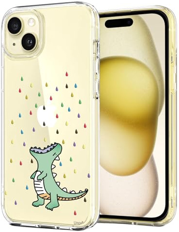 Unov Hülle für iPhone 15, Handyhülle Klar mit Motiv, Regenbogen Dinosaurier | Transparente Schlank Guter Halt, Rutschfest Prägung Muster, Stoßfest Schützende, Erhöhter Kameraschutz, Kratzfest Weich TPU