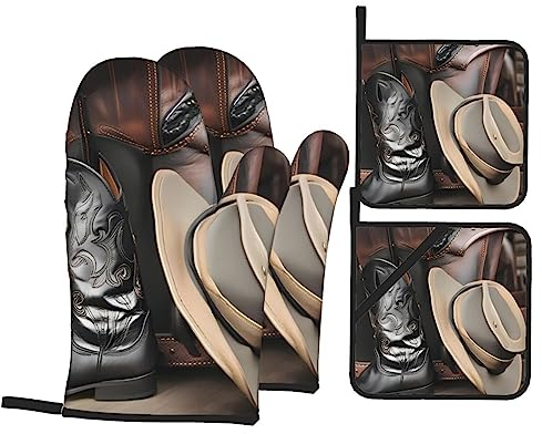 Set di guanti da forno e presine da cowboy, con cappello nero e stivali in stile western, resistenti al calore, 4 pezzi, per cucina, cottura, grigliate, barbecue