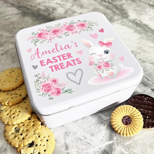 Pink Bunny Girl Cute Flower Easter Personalised Gift Biscuit Sweets Treat Tin Personalised Gift | Custom Gift | Personalized Tin | Cake, Biscuit & Treat Tins | Gift For Her | Gift For Him