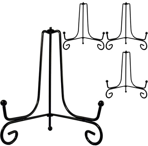 HENABLE 4PCS Premium Black Iron Plate Stands for Display 6 Inch, Decorative Solid Metal Plate Holders for Displaying, Mini Easel, Frame, Book, Card, Plaque, Bowl, Picture Stands for Display
