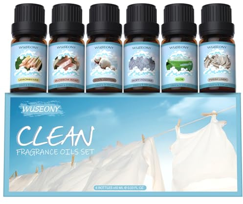 WUSEONY Clean Fragrance Oils Set, Premium Essential Oils for Diffuser for Home, Scented Oil for Soap & Candle Making Scents - Lemongrass, Aloe, Blossom Soap, Fresh Linen, Soft Powder, Cool Cotton