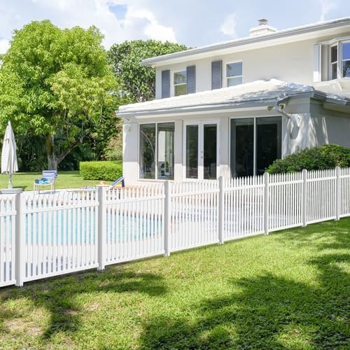 E&K 1 Set 36 H x 84 L Vinyl White Picket Fence Panels with Ground Spike Decorative Fencing for Pool Garden Patio Backyard Porch (20 Pickets, Straight)