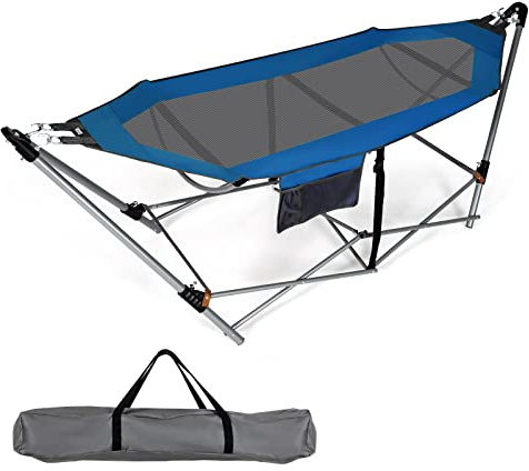 COSTWAY Hamac sur Pied, Hamac Pliant avec Support Métallique et en Tissu d’Oxford, Poche Latérale et Boucles Anti-Basculement, pour Porche, Patio, Jardin, Charge 150KG, 227 x 82 x 89CM