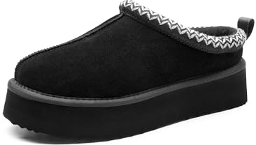 DREAM PAIRS Pantofole da Donna in Vera Pelle Scamosciata con Plateau Morbide Comode Invernali Soffici Calde per Casa Interni ed Esterni,Size 43,Nero,SDSL2413W
