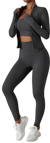 Belriviere Tuta da donna in due pezzi giacca a maniche lunghe con cerniera e leggings sportivi a vita alta set da allenamento, Grigio scuro, S