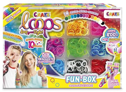 CRAZE loops Fun Box Bracelet Making Kit with 800 Loom Bands, Beads, Clips and Tools – Jewellery and Friendship Bracelet Maker Set for Kids Age 3 Plus, Creative Gift Idea