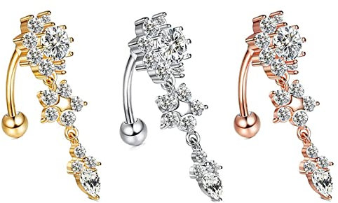 Epinki Piercing Schmuck, 3stk Bauchnabelpiercing, Edelstahl Piercings Set Träne Tropfen Blumen Bauchnabel Piercing mit Anhänger Zirkon Körperschmuck, Tricolor