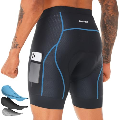 SPEEDCYC Cykelunderkläder för män cykelshorts 4D vadderad cykel MTB foder shorts ficka med halkskydd bengrepp, BLÅ, XL