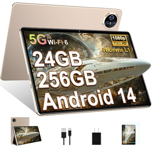 BIEGEDY Tablet 11 Pulgadas Android 14, 24GB RAM+256GB ROM/2TB TF, Tablet Pantalla Táctil, Widevine L1 / 8000mAh / 5MP+13MP / 5G WiFi/Facial ID/GMS/BT 5.0, Octa-Core 2.0GHz, con Funda Oro