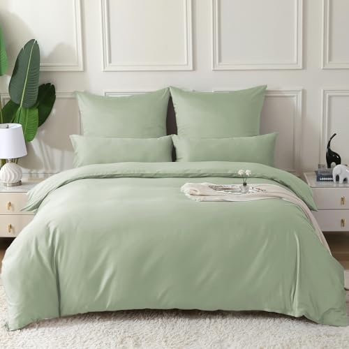 SOULFUL Satin Bettwäsche 135x200 Baumwolle,100% Langstapelige Baumwolle Seidig Luxus Bettzeug, ÖkoTex Zertifiziert & für Allergiker Geeignet, 1 Bettbezug 135x200 & 1 Kissenbezug 80x80,SalbeiGrün