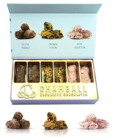 6 Trufas de Chocolate Belga Artesano: Chocolate con Mango, Fresa y Naranja, Rocas de Chocolate ideal para Disfrutar y Regalar, Caja regalo Chocolate con Trufas Magicas - Chocolate box CHAMBALL