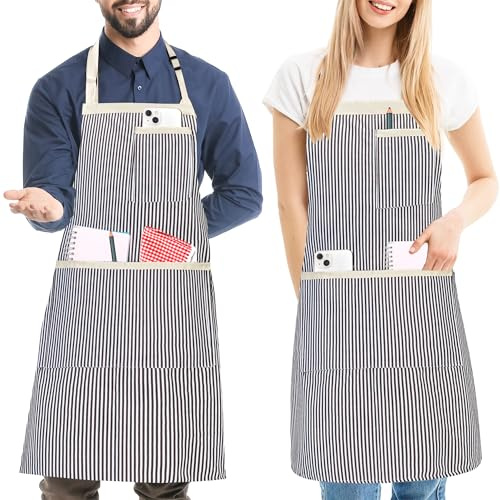 Grembiuli da Cucina a Righe Professionale con 3 Tasche per Uomo Donna | Grembiuli da Cuoco Regolabile con lacci lunghi in vita, Grembiuli da Chef per Barbecue, Bar, Giardinaggio, Ristorante, Lavoro