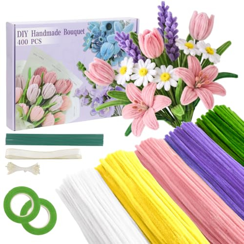 400 Stück Pfeifenputzer zum Basteln Set, 5 Farben Pfeifenreiniger | Blumenstrauß Pfeifenreiniger Blumen mit Geschenkband, Klebeband, Staubblätter für DIY Geschenke und Dekorieren