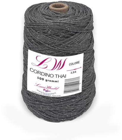 LaneWorld Cordino Thai per Borse a Uncinetto 500 g, Filato 100% Poliestere Resistente per Borse e Fai da Te, Uncinetto 3,5-4, Confezione da 1/3/5 Pezzi (Anche Glitterato) (1, CT8gl)