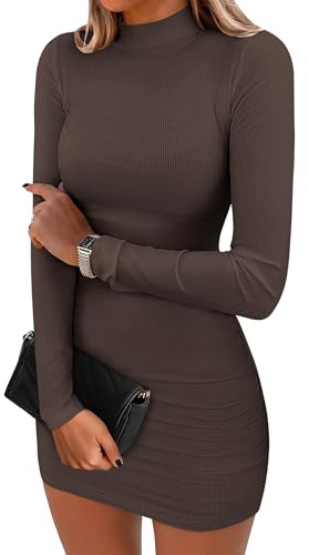 ANRABESS Women Long Sleeve Mock Neck Bodycon Mini Dress 2025 Fall Ribbed Slim Fit Pencil Cocktail Club Night Dresses Deep Brown X-Small
