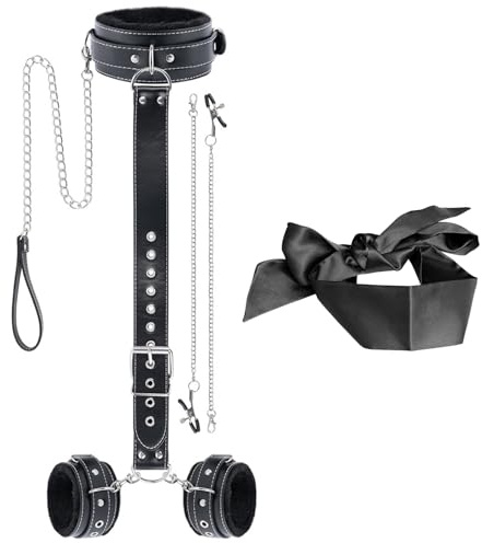 BDSMAGE Set di Bondage con Morsetti per Capezzoli e Maschera per gli Occhi, Manette, Collare, Kit di Bondage SM per Giocattoli Sessuali per Coppie Uomo Donna (Noir)