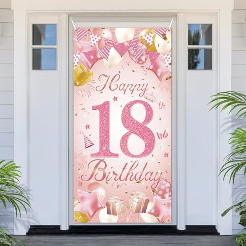 PartyYaa 18. Geburtstagsbanner Deko, 18. Geburtstag Tür Banner, Rose Gold Happy Birthday Banner Türabdeckung Fotoautomaten Schild Poster Party Deko für Drinnen und Draußen