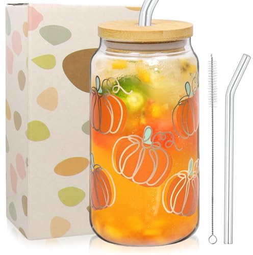 Glasbecher mit Deckel und Strohhalm 500ml, Glas Trinkbecher, Trinkglas, Glas mit Halloween Motiv, Glasbecher Teegläser mit Kürbisse, Halloween Trinkbecher für Eiskaffee Milchtee Getränke Cola