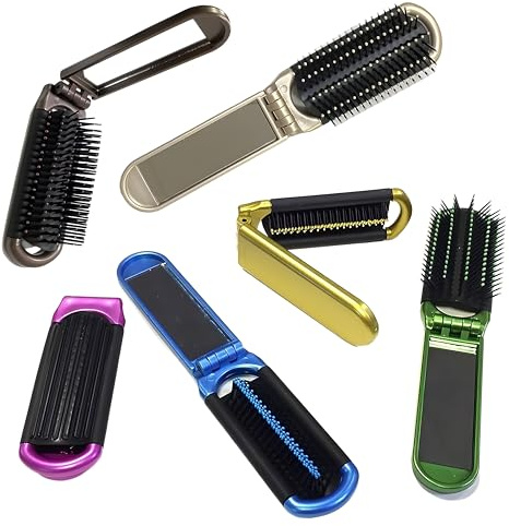 4‑Pack Travel Folding Hair Brush with Mirror – Compact Pocket-Sized Styling Brush, Durable Plastic & Flexible Nylon Bristles – Ideal for Carry-On, Purse, Gym & On-the-Go Touch-Ups