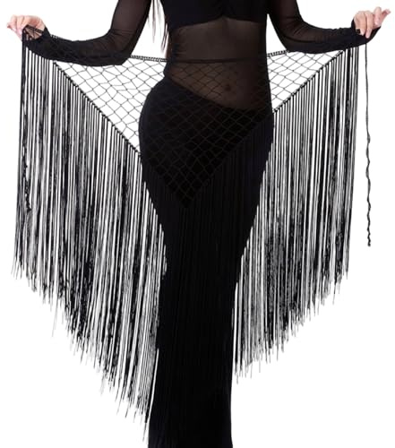AMISENK Falda envolvente con borlas y cadena de cintura para danza del vientre, bufanda de cadera para danza del vientre, falda de baile para mujer, bufanda de cadera blanca, Negro, Talla única