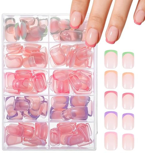Hadnves 240 Pcs French Tip Press On Nails Short Square Pre-Designed Fake Nails False Toenail Extension Full Cover Glue on Nails for Women Girls Manicure DIY 10 Sizes, 5 Color