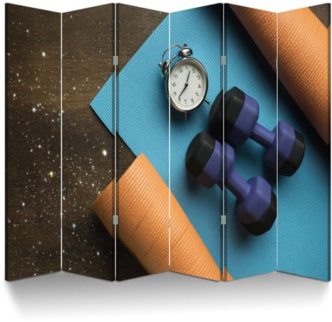 6 Panel Room Divider Screen Prepare Fitness Yoga mat Dumbbells Folding Privacy Screen Canvas Wall Divider Wood Room Separator Portable Freestanding Partition 6Ft