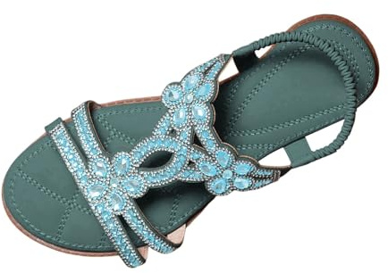 Sandales Bohèmes Femme Été Confortable Nu Pieds T-Strap Bride Élastique Cheville Ouvert Bout Chaussure Plage Strass Cristal Florals Casual Femmes Habillées Plat Fleur Cuir Sandale (Green, 39)