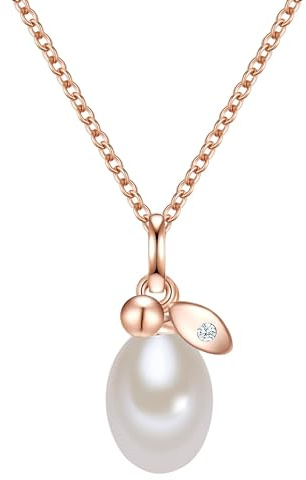 Valero Pearls Damen Kette 925/- Sterling Silber roségold | rosévergoldet 14 Karat, Ankerkette, Zirkonia, weiß, Süßwasser-Zuchtperle, ca. 7,0 - 8,0 mm, weiß, tropfenförmig